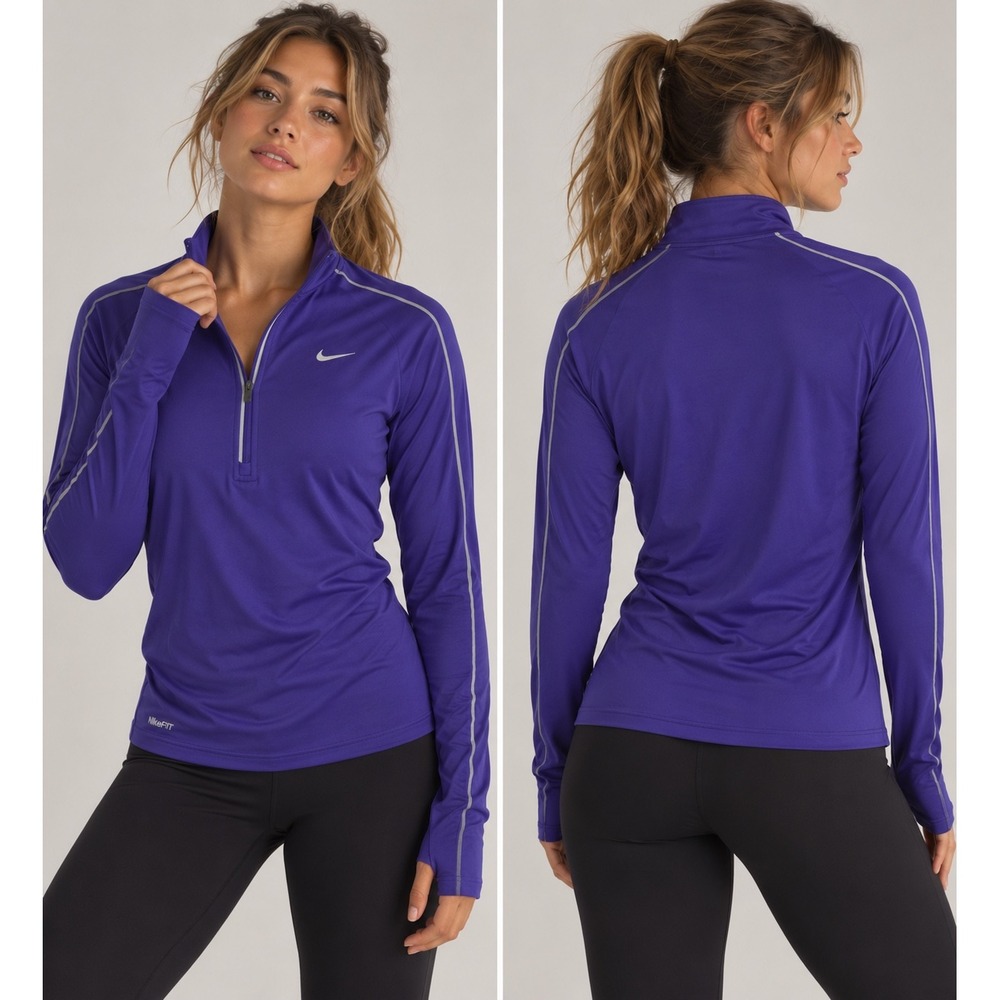 Nike Fit Dry Womens Purple Quarter Zip Pullover Running Top Large Reflective
